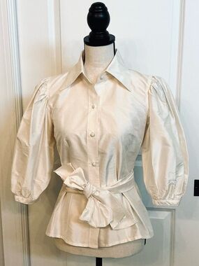 SARA JANE, Vintage Cream/White 100% Silk Puffy Slv Button Down Blouse, Sz 4, NWT